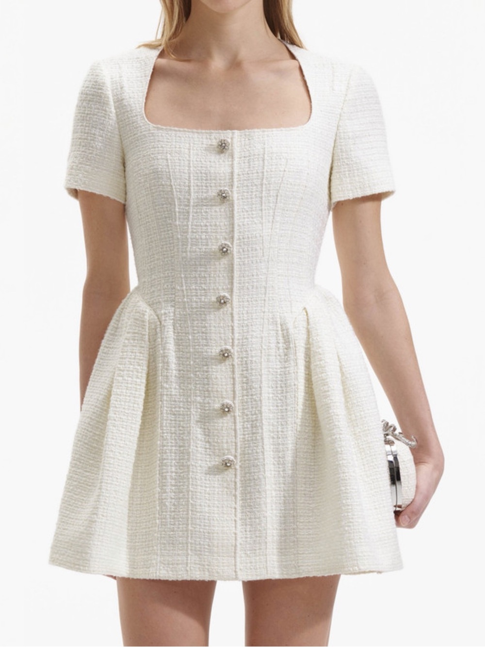 Self-Portrait Cream Tweed Short Sleeve Button-Front Mini Dress Size 2 NWT